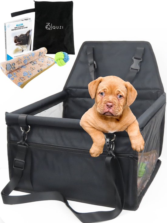 Autostoel Hond Opvouwbaar met Bal & Deken – Hondenmand Auto – Waterdicht Honden Autozitje – Puppy’s – Hondendeken – Dog Car Seat Cover – Cadeau – Incl. e-book – Zwart – Quzi®