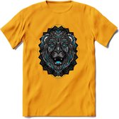 Leeuw - Dieren Mandala T-Shirt | Lichtblauw | Grappig Verjaardag Zentangle Dierenkop Cadeau Shirt | Dames - Heren - Unisex | Wildlife Tshirt Kleding Kado | - Geel - S