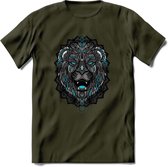 Leeuw - Dieren Mandala T-Shirt | Lichtblauw | Grappig Verjaardag Zentangle Dierenkop Cadeau Shirt | Dames - Heren - Unisex | Wildlife Tshirt Kleding Kado | - Leger Groen - S