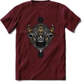 Bizon - Dieren Mandala T-Shirt | Geel | Grappig Verjaardag Zentangle Dierenkop Cadeau Shirt | Dames - Heren - Unisex | Wildlife Tshirt Kleding Kado | - Burgundy - XL