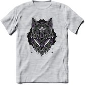 Vos - Dieren Mandala T-Shirt | Paars | Grappig Verjaardag Zentangle Dierenkop Cadeau Shirt | Dames - Heren - Unisex | Wildlife Tshirt Kleding Kado | - Licht Grijs - Gemaleerd - M