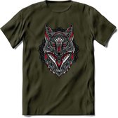 Vos - Dieren Mandala T-Shirt | Rood | Grappig Verjaardag Zentangle Dierenkop Cadeau Shirt | Dames - Heren - Unisex | Wildlife Tshirt Kleding Kado | - Leger Groen - XL