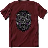 Wolf - Dieren Mandala T-Shirt | Paars | Grappig Verjaardag Zentangle Dierenkop Cadeau Shirt | Dames - Heren - Unisex | Wildlife Tshirt Kleding Kado | - Burgundy - S