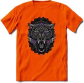 Wolf - Dieren Mandala T-Shirt | Paars | Grappig Verjaardag Zentangle Dierenkop Cadeau Shirt | Dames - Heren - Unisex | Wildlife Tshirt Kleding Kado | - Oranje - M