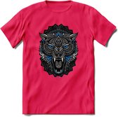 Wolf - Dieren Mandala T-Shirt | Blauw | Grappig Verjaardag Zentangle Dierenkop Cadeau Shirt | Dames - Heren - Unisex | Wildlife Tshirt Kleding Kado | - Roze - S