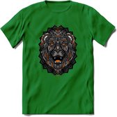 Leeuw - Dieren Mandala T-Shirt | Oranje | Grappig Verjaardag Zentangle Dierenkop Cadeau Shirt | Dames - Heren - Unisex | Wildlife Tshirt Kleding Kado | - Donker Groen - L