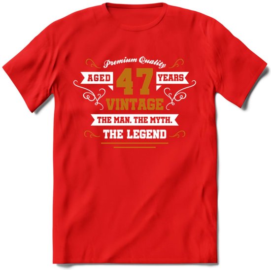 47 Jaar Legend T-Shirt | Goud - Wit | Grappig Verjaardag en Feest Cadeau Shirt | Dames - Heren - Unisex | Tshirt Kleding Kado | - Rood - L