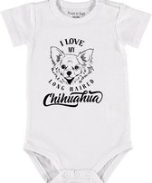 Baby Rompertje met tekst 'Long haired Chihuahua' | Korte mouw l | wit zwart | maat 62/68 | cadeau | Kraamcadeau | Kraamkado