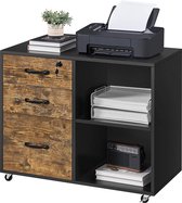 Rolcontainer, archiefkast, kantoorkast met wielen, laden en open vakken, industrieel design, voor documenten, vintage bruin-zwart