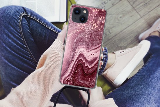 Coque avec cordon iPhone 13 Mini - Natuursteen - Rose - Glitter - Siliconen - Bandoulière - Coque arrière avec cordon - Coque pour téléphone avec cordon - Coque avec corde