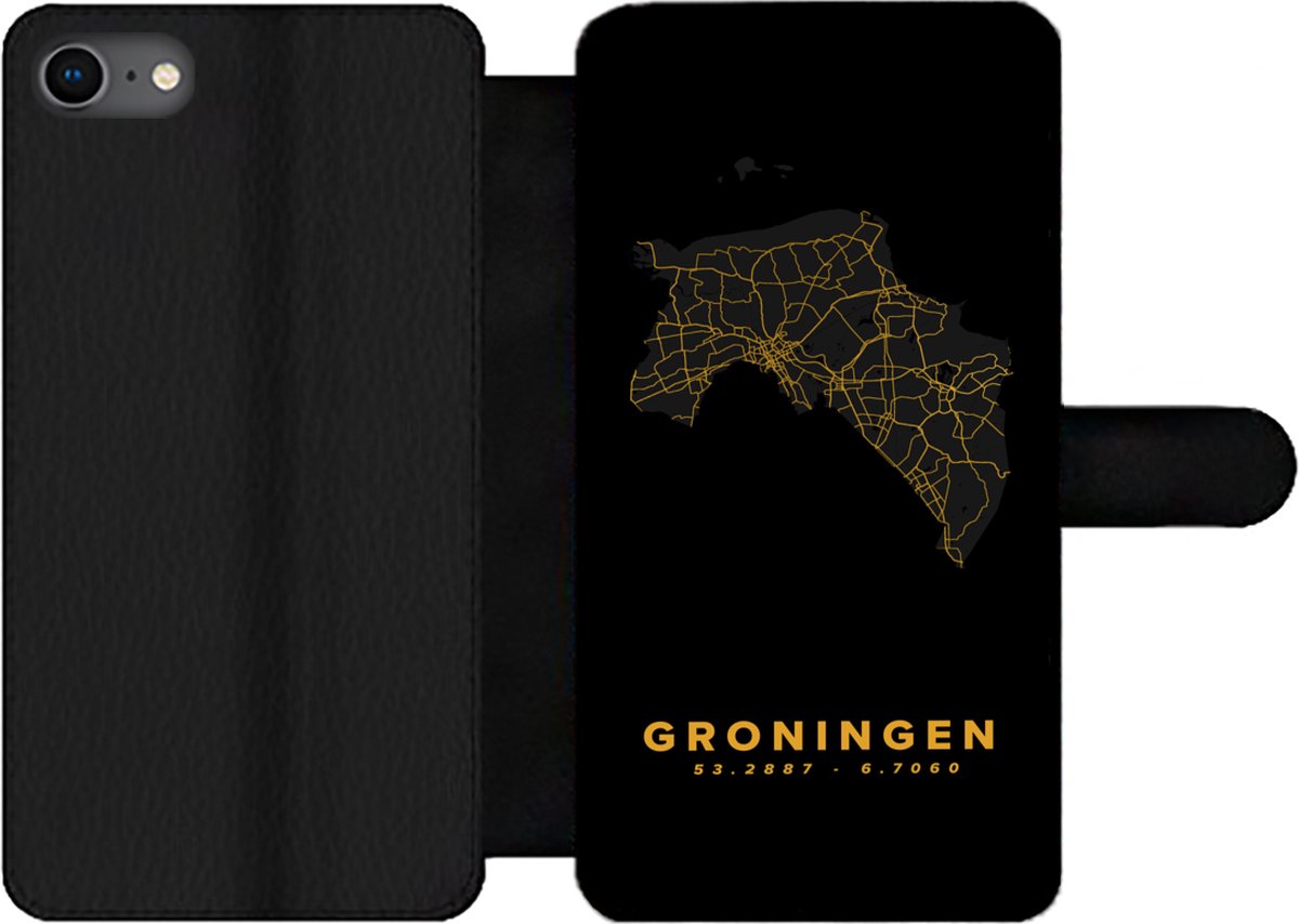 Telefoonhoesje Geschikt voor iPhone 8 telefoonhoesje - Groningen - Kaart - Goud - Met vakjes - Wallet case met magneetsluiting