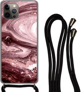 Coque avec cordon iPhone 12 Pro - Motif marbré - Goud - Rose - Siliconen - Bandoulière - Coque arrière avec cordon - Coque pour téléphone avec cordon - Coque avec corde