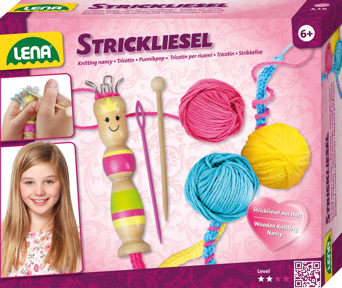 Lena punnikset meisjes hout/wol roze/geel/blauw 6-delig