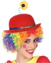 Ensemble de déguisement de Clown perruque colorée avec chapeau melon rouge avec fleur - Déguisements et accessoires clowns carnaval