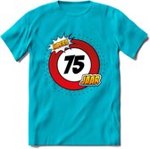 75 Jaar Hoera Verkeersbord T-Shirt | Grappig Verjaardag Cadeau | Dames - Heren | - Blauw - S