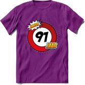 91 Jaar Hoera Verkeersbord T-Shirt | Grappig Verjaardag Cadeau | Dames - Heren | - Paars - XL