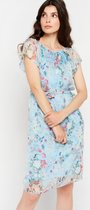 LOLALIZA Halflange jurk met bloemen en ceintuur - Blauw - Maat S