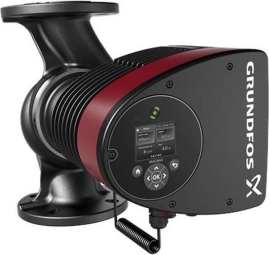 Zwarte Grundfos MAGNA3 circulatiepomp met rode accenten en digitaal display. Flens aan boven- en onderzijde.