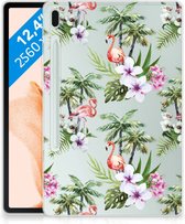 Tablet Cover Samsung Galaxy Tab S7FE Siliconen Hoes Flamingo Palms met doorzichte zijkanten