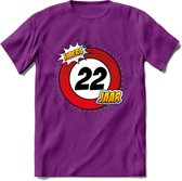 22 Jaar Hoera Verkeersbord T-Shirt | Grappig Verjaardag Cadeau | Dames - Heren | - Paars - S