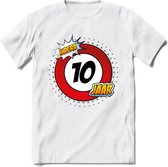 10 Jaar Hoera Verkeersbord T-Shirt | Grappig Verjaardag Cadeau | Dames - Heren | - Wit - L