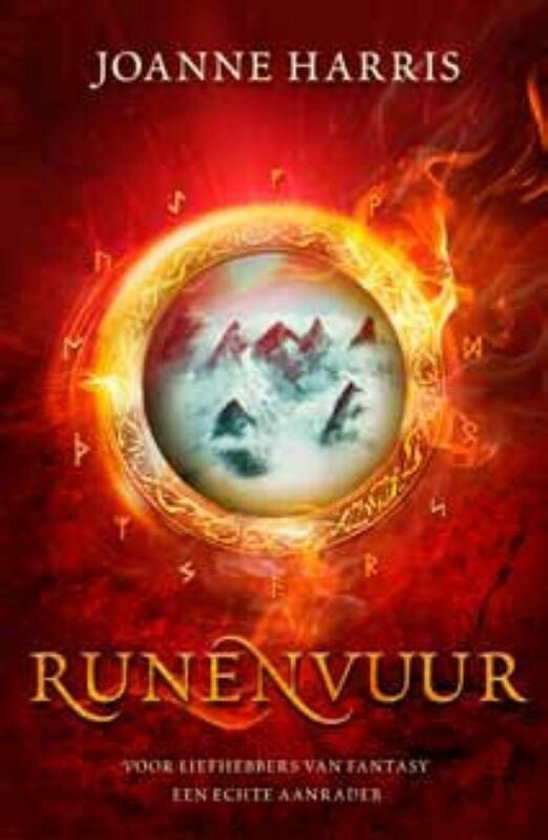 Boekomslag 'Runenvuur' van Joanne Harris met een mystieke, gloeiende cirkel met runen en berglandschap.