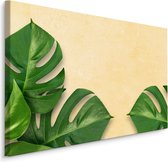 Schilderij - Monstera Bladeren, Groen, op een beige achtergrond, 5 maten