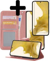 Hoesje Geschikt voor Samsung S22 Hoesje Book Case Hoes Wallet Cover Met Screenprotector - Hoes Geschikt voor Samsung Galaxy S22 Hoesje Bookcase Hoes - Rosé goud