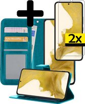 Samsung S22 Hoesje Book Case Met 2x Screenprotector - Samsung Galaxy S22 Case Hoesje Wallet Cover Met 2x Screenprotector - Turquoise