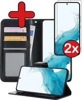 Hoesje Geschikt voor Samsung S22 Hoesje Book Case Hoes Portemonnee Cover Walletcase Met 2x Screenprotector - Hoes Geschikt voor Samsung Galaxy S22 Hoes Bookcase Hoesje - Zwart.