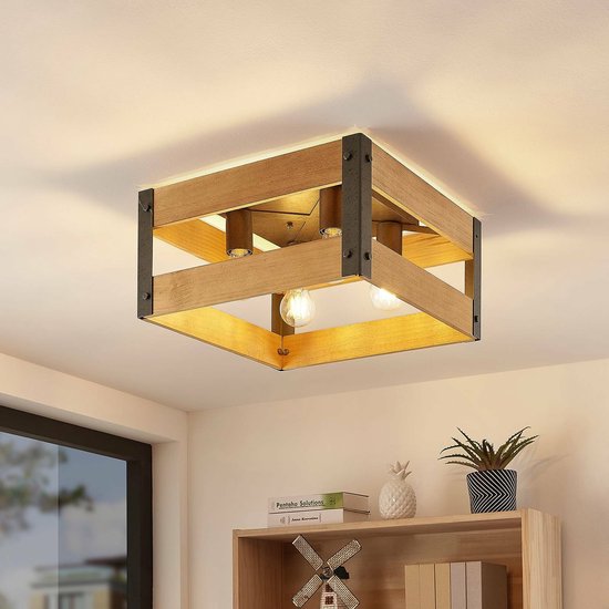 Lindby - plafondlamp hout - 4 lichts - hout, metaal - H: 20.5 cm - E27 -  licht hout, grijs | bol.com