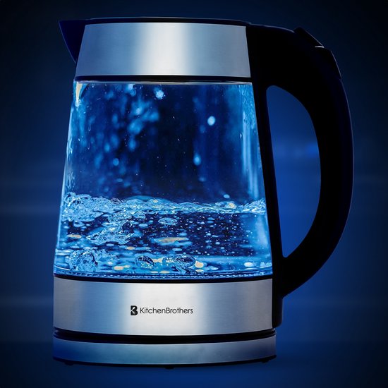 KitchenBrothers Waterkoker - Glas - Elektrisch - PFAS- & BPA-vrij - 1,7L - Retro - met LED - 2200W - Glazen Waterkoker - RVS