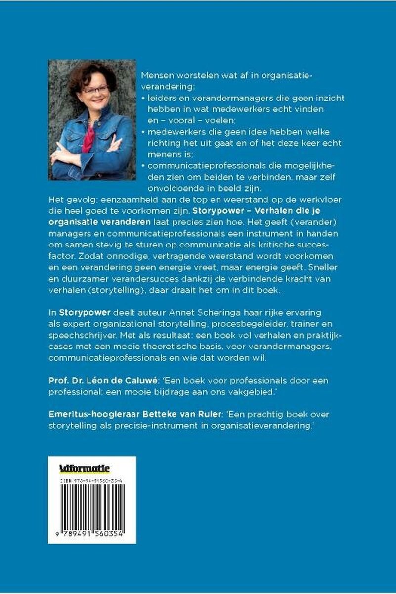 Achterkant boek met foto van Annet Scheringa, tekst over 'Storypower', de voordelen van het boek en citaten.
