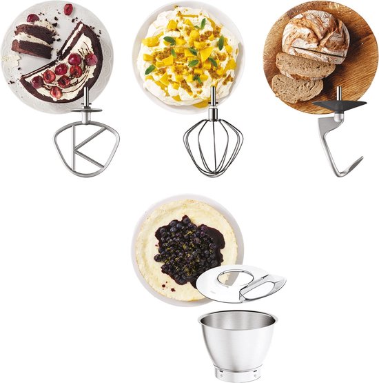 Accessoires Kenwood : feuille avec gâteau, fouet avec mousse, crochet avec pain et pâte avec bol.