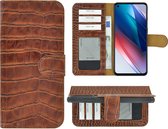 Oppo Find X3 Lite Hoesje - Bookcase - Oppo Find X3 Lite Wallet Book Case Echt Leer Croco Kaneelbruin Cover