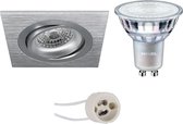 LED Spot Set - Pragmi Borny Pro - GU10 Fitting - Inbouw Vierkant - Mat Zilver - Kantelbaar - 92mm - Philips - MASTER 927 36D VLE - 4.9W - Warm Wit 2200K-2700K - DimTone Dimbaar - BES LED