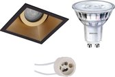 LED Spot Set - Pragmi Zano Pro - GU10 Fitting - Inbouw Vierkant - Mat Zwart/Goud - Kantelbaar - 93mm - Philips - SceneSwitch 827 36D - 1.5W-5W - Warm Wit 2200K-2700K - Dimbaar - BES LED