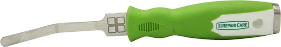 Een gebogen metalen aanbrandmes met een groen handvat en "REPAIR CARE" logo.