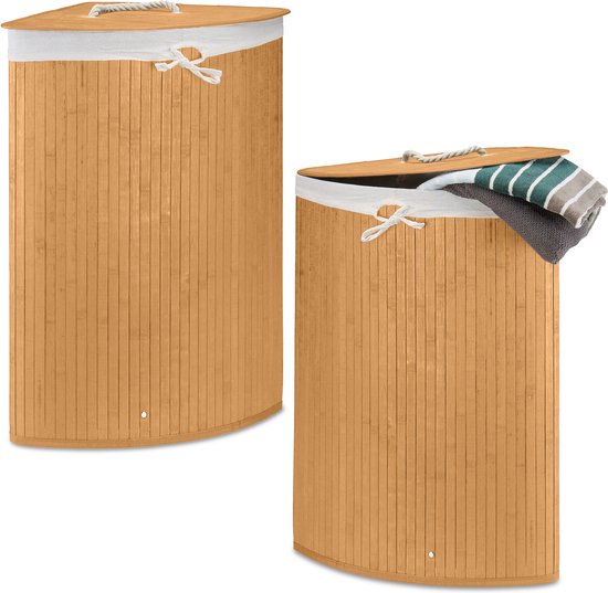 relaxdays 2 x panier à linge bambou - paniers à linge avec couvercle - 63 L - panier à linge d'angle - naturel