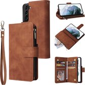 Luxe Telefoonhoesje voor Samsung Galaxy S22 Plus | Hoogwaardig Leren Bookcase | Lederen Wallet Case | Luxe Uitstraling | Pasjeshouder 6 pasjes | Portemonnee | Rits | Cognac Bruin