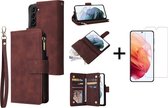 Luxe Telefoonhoesje voor Samsung Galaxy S22 Plus | Hoogwaardig Leren Bookcase | Lederen Wallet Case | Luxe Uitstraling | Pasjeshouder 6 pasjes | Portemonnee | Rits | Bruin + 1x Scr
