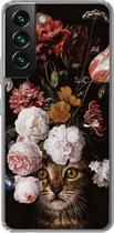 Geschikt voor Samsung Galaxy S22 hoesje - Kat - Bloemen - Kunst - Siliconen Telefoonhoesje