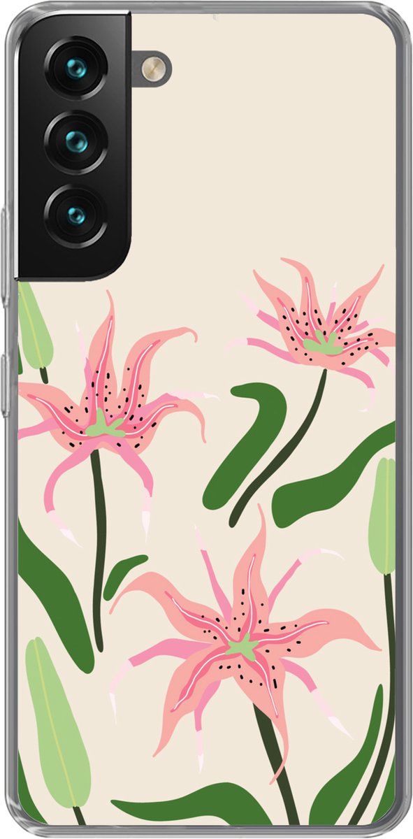 Telefoonhoesje Geschikt voor Samsung Galaxy S22 hoesje - Bloem - Roze - Bladeren - Siliconen Telefoonhoesje Telefoonhoesje