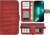 iPhone 13 Pro Hoesje - Bookcase - Portemonnee Hoes Echt leer Wallet case Croco Rood