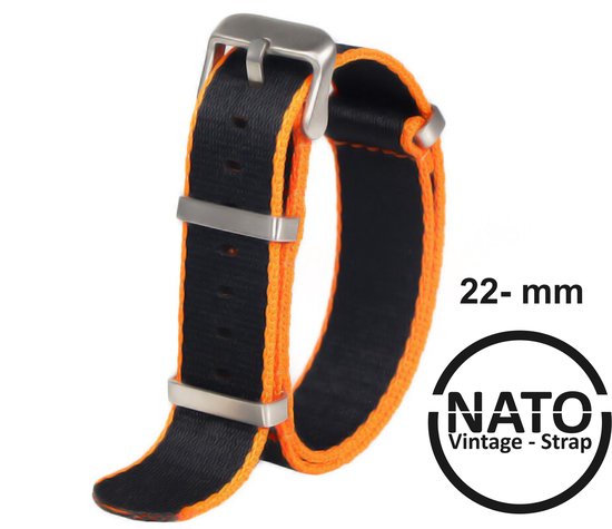 22mm Nato Strap ZWART ORANJE - Vintage James Bond - Nato Strap collectie - Mannen - Horlogeband - 20 mm bandbreedte