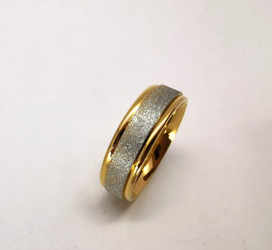 RVS – Elegant – Dames – ring – maat 21 – goudkleurig - met zilverkleurig gezandstraald.