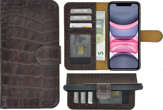 Coque iPhone 11 - Bookcase - Housse portefeuille Etui portefeuille en cuir véritable Croco Marron chocolat
