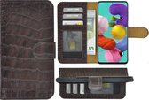 Samsung Galaxy A51 Hoesje - 4G - Bookcase Hoesje - Samsung A51 Wallet Book Case Echt Leer Croco Chocoladebruin Cover