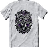 Wolf - Dieren Mandala T-Shirt | Paars | Grappig Verjaardag Zentangle Dierenkop Cadeau Shirt | Dames - Heren - Unisex | Wildlife Tshirt Kleding Kado | - Licht Grijs - Gemaleerd - L