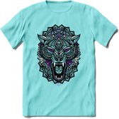 Wolf - Dieren Mandala T-Shirt | Paars | Grappig Verjaardag Zentangle Dierenkop Cadeau Shirt | Dames - Heren - Unisex | Wildlife Tshirt Kleding Kado | - Licht Blauw - M